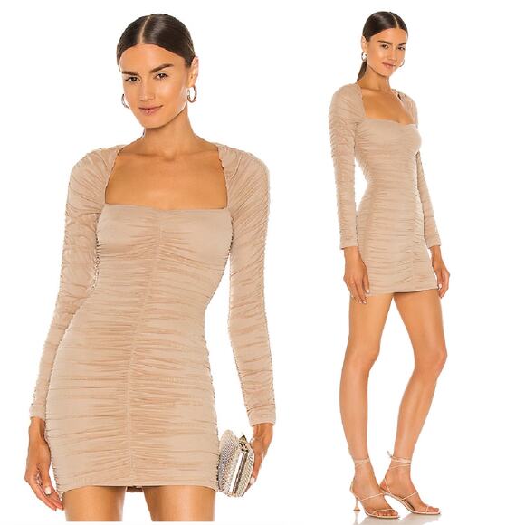 Michael Costello Franky Mini Dress Taupe Tan Ruched Long Sleeves Sz S - Picture 1 of 11